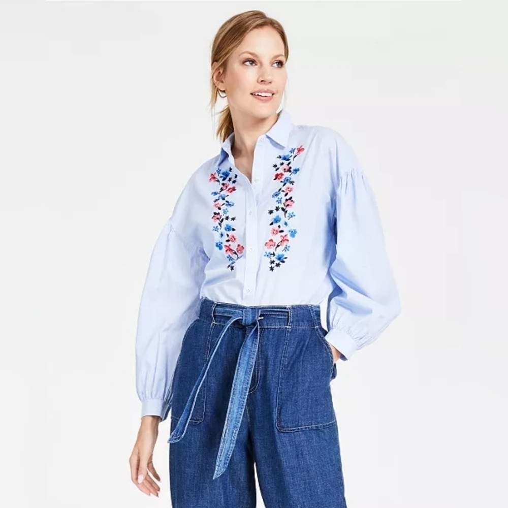 Tommy Hilfiger Blue Floral Embroidered Cotton Button Up Long Sleeve Poplin Shirt